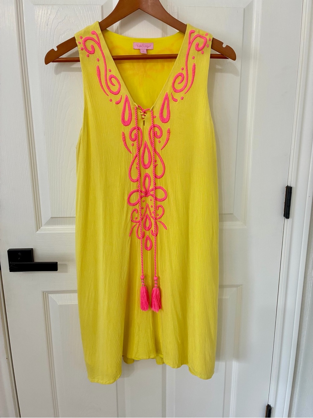 Lilly Pulitzer yellow with bright pink embroidery, sleeveless gauzy dress